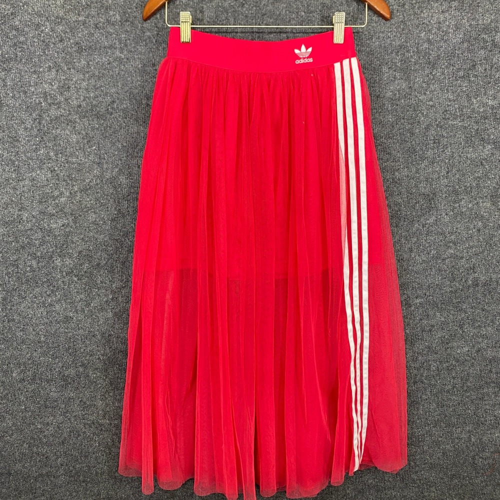Adidas Originals Red Tulle Midi Skirt White 3-Stripes Trefoil Logo ED4756 US S